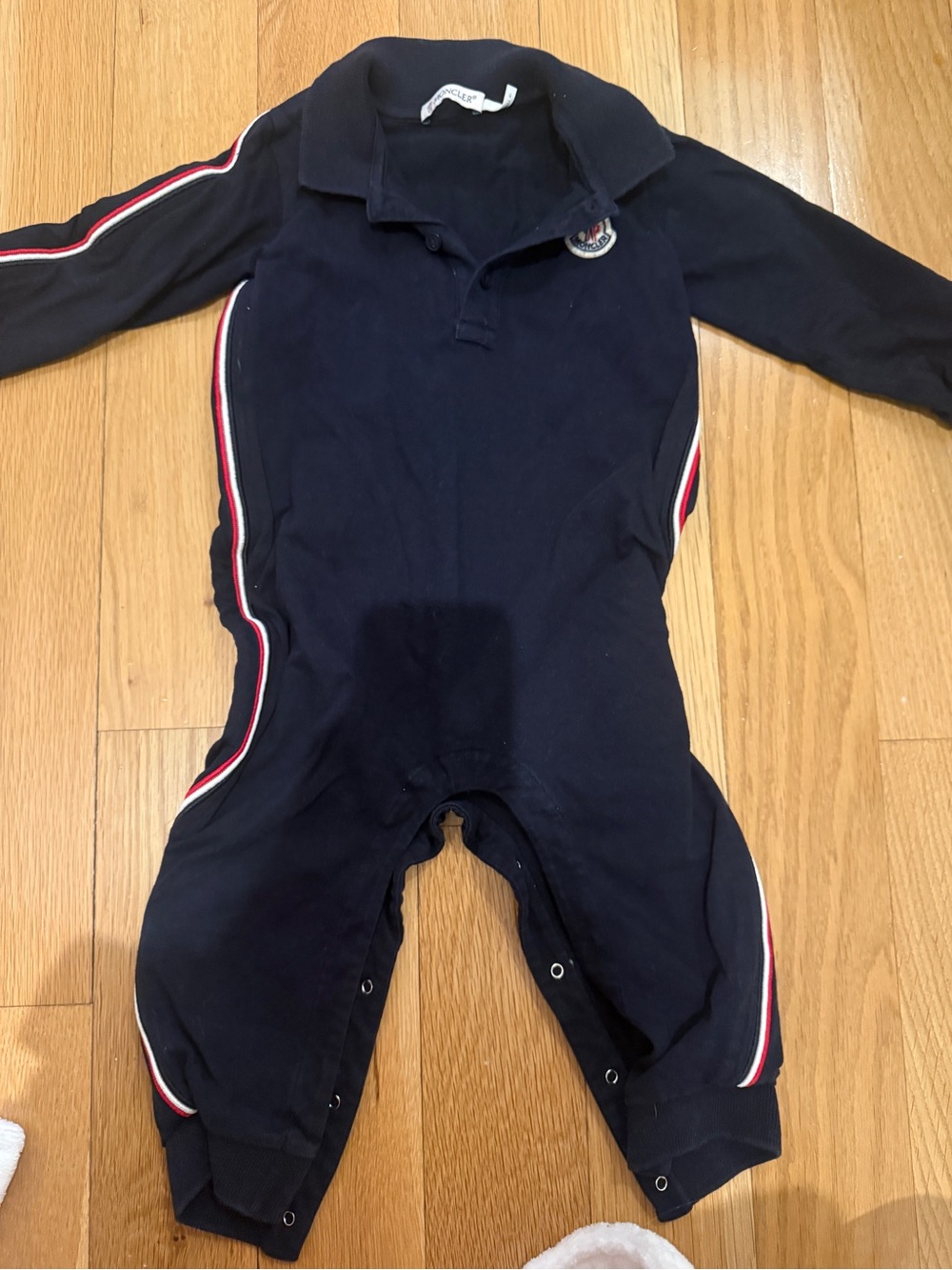 Moncler Navy One-Piece Footie with Red and White Stripe Accents